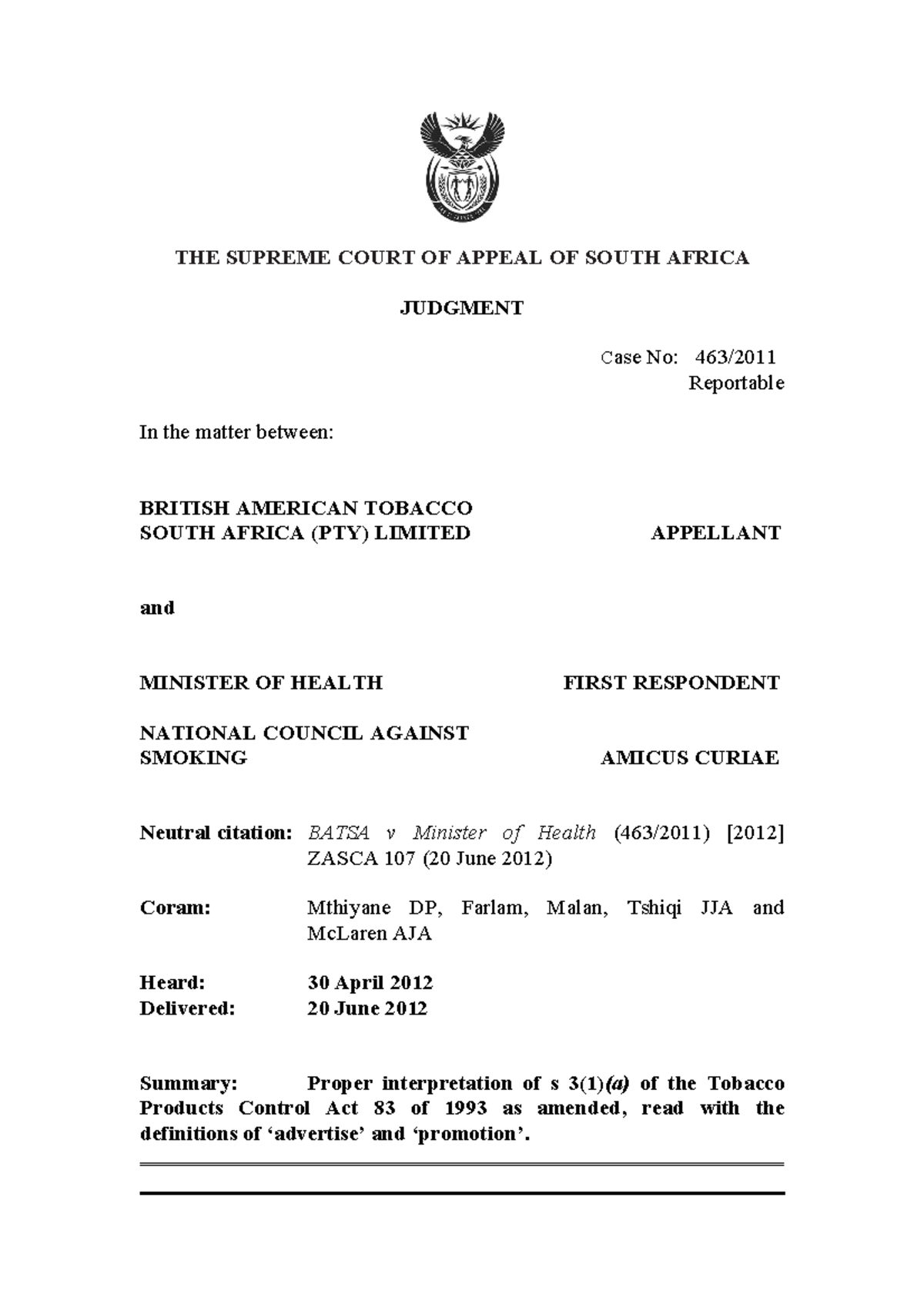 Batsa V The Minister of Health THE SUPREME COURT OF APPEAL OF SOUTH