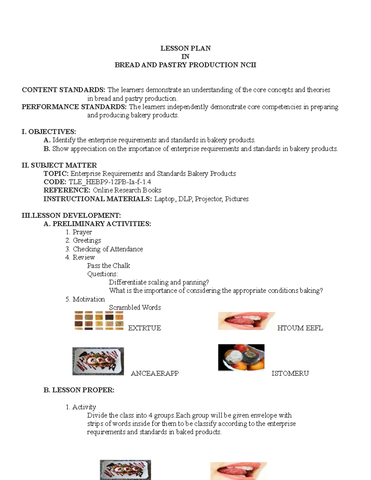 Lesson PLAN 3 - lecture notes - LESSON PLAN IN BREAD AND PASTRY ...