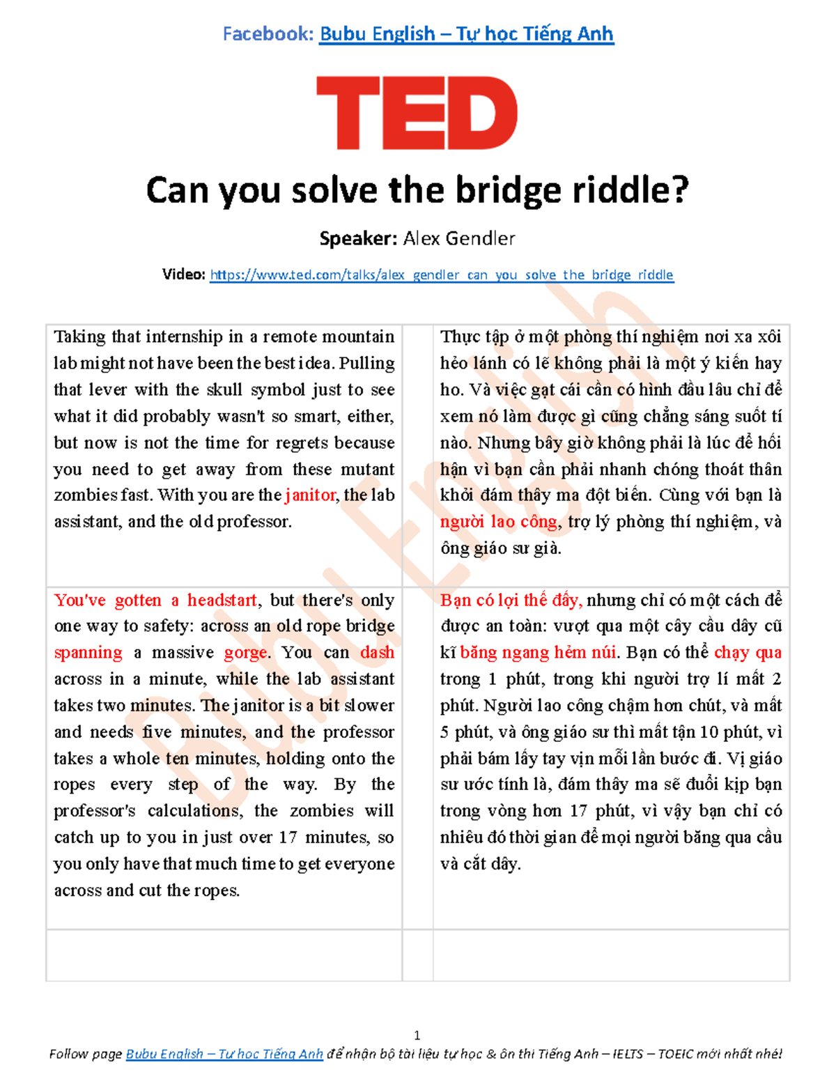 Can you solve the bridge riddle Facebook Bubu English Tự học Tiếng