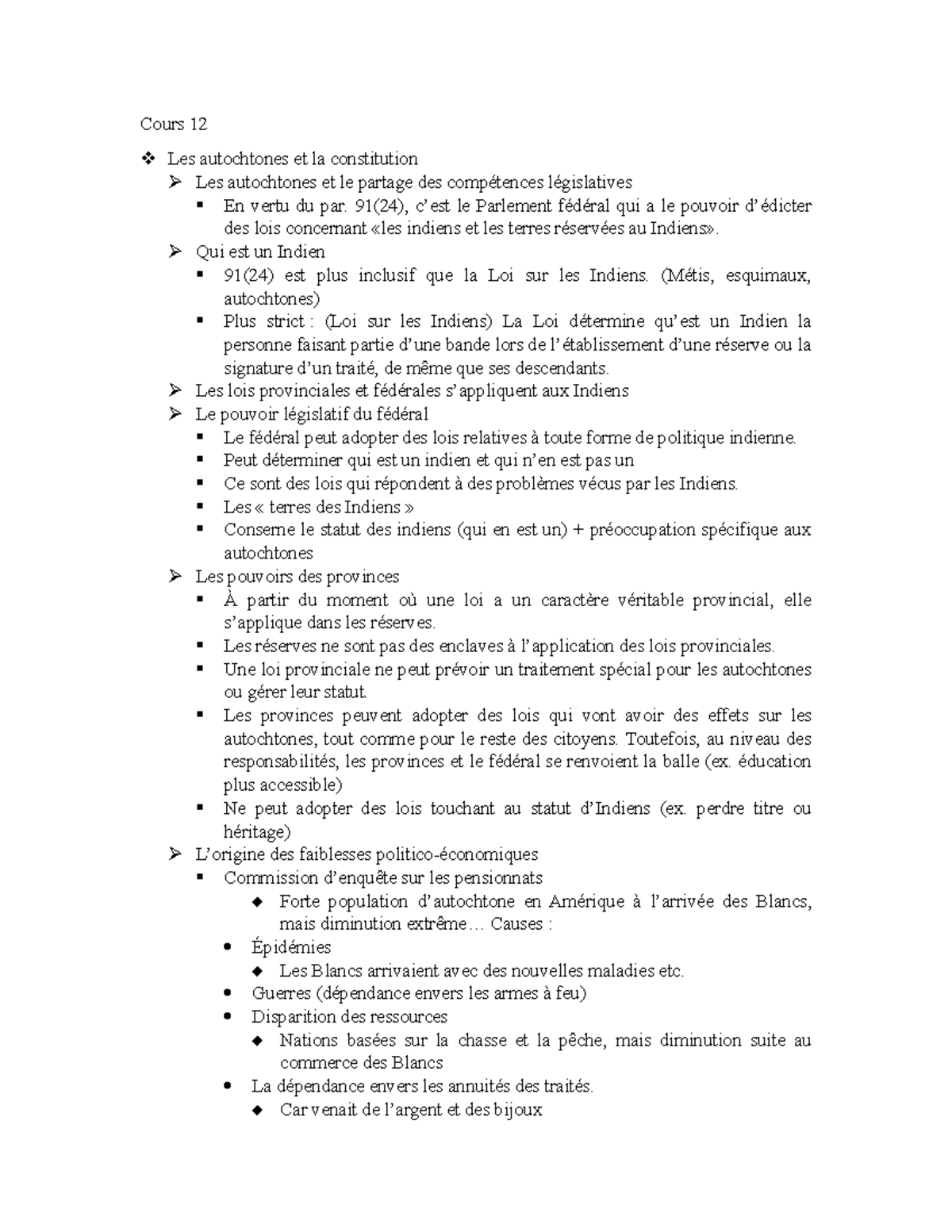 Cours 12 - résumé du cours - Cours 12 Les autochtones et la ...
