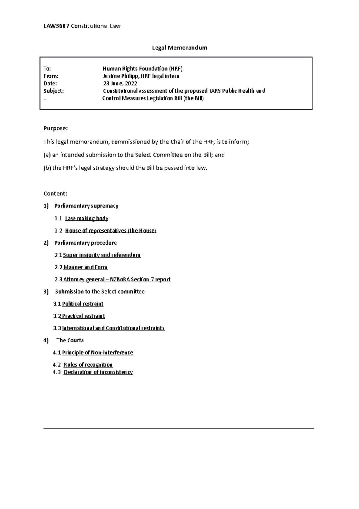 LAWS607 Final assessment - Legal Memorandum To: Human Rights Foundation ...