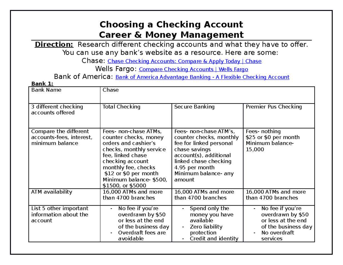 Checking Account Comparison Activity - Choosing a Checking Account