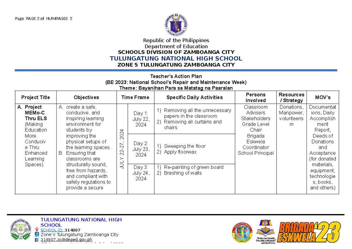 Brigada Eskwela 2024-2025 Action Plan - TULUNGATUNG NATIONAL HIGH ...