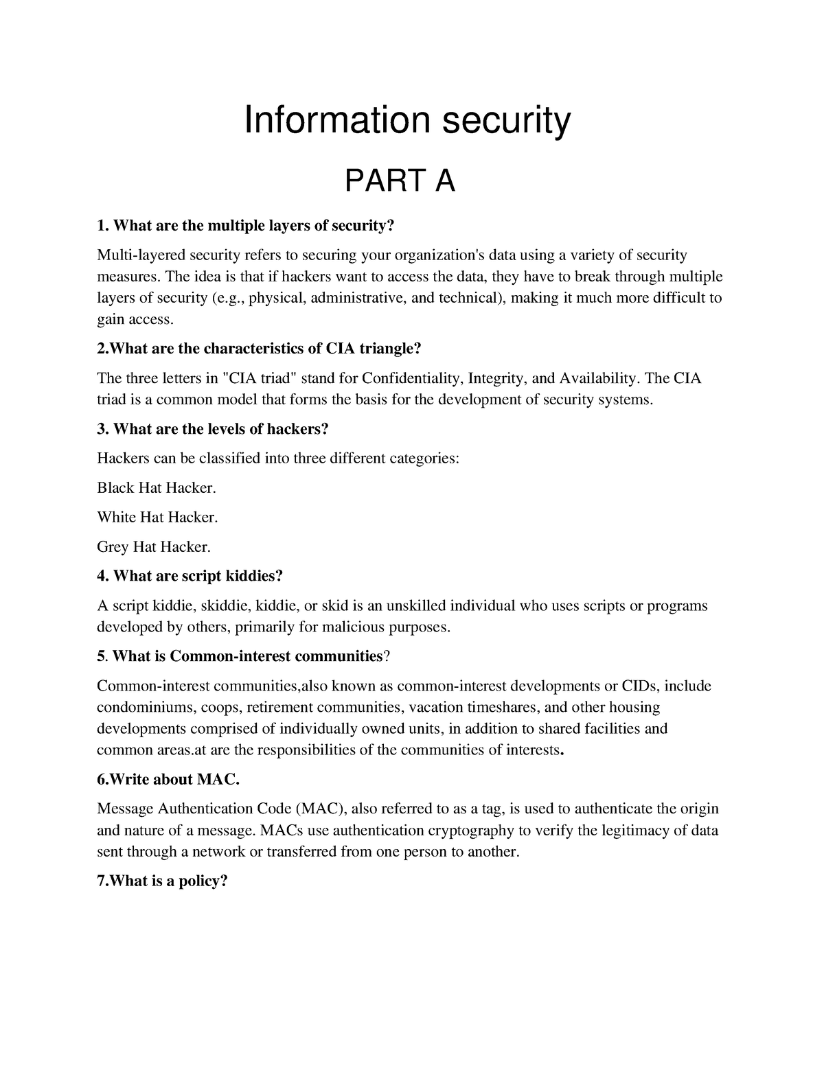 Information security question paper - Information security PART A What ...