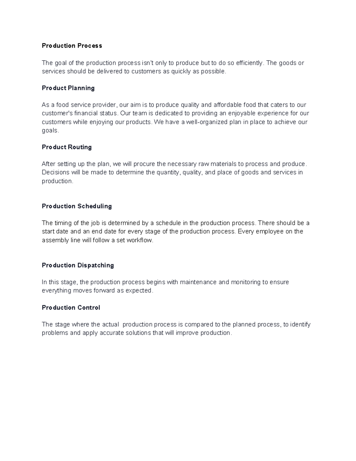 Production Process - assignment - Production Process The goal of the ...