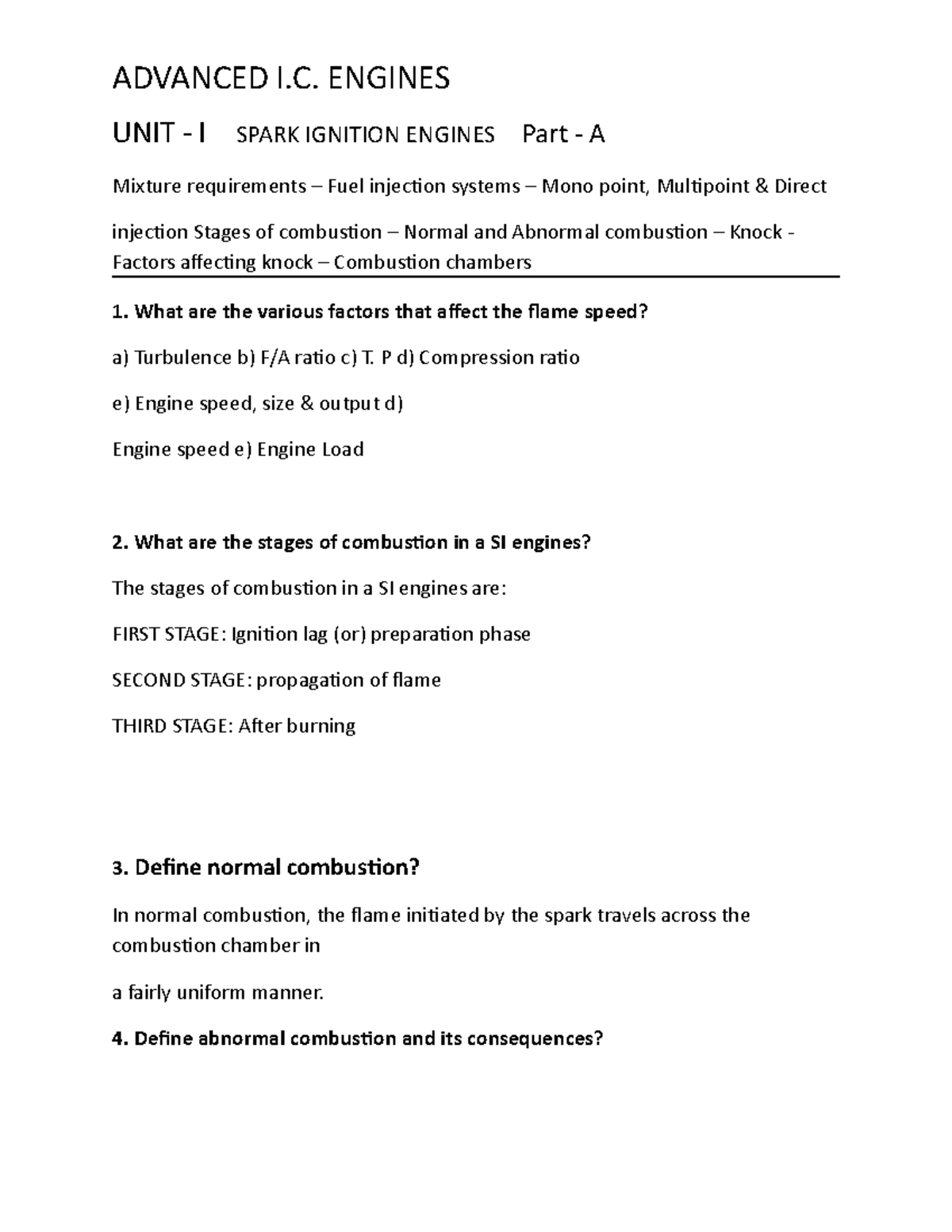 ME6016 Advanced I.C. Engines parta 1 UNIT I SPARK IGNITION ENGINES