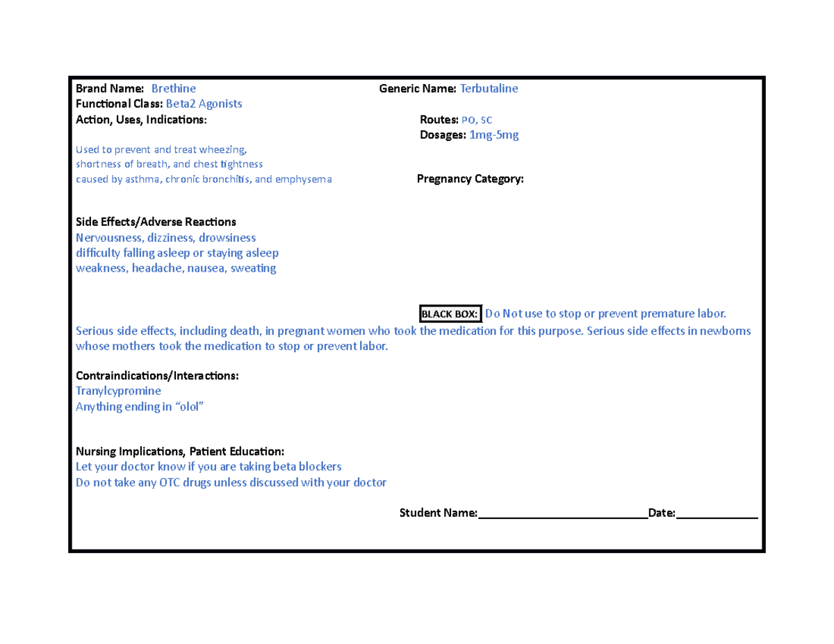 Terbutaline Drug card - info - Brand Name: Brethine Generic Name ...