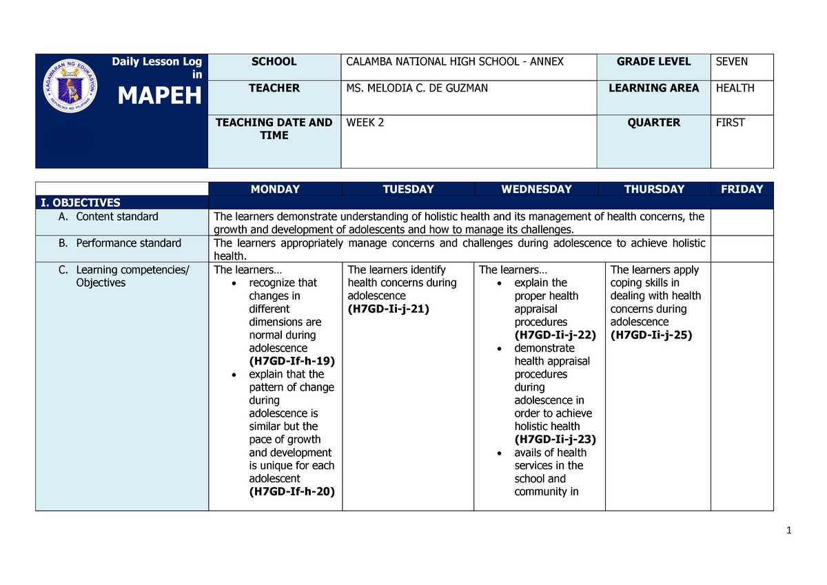 Q1 Grade 7 Health DLL Week 2 - MONDAY TUESDAY WEDNESDAY THURSDAY FRIDAY ...