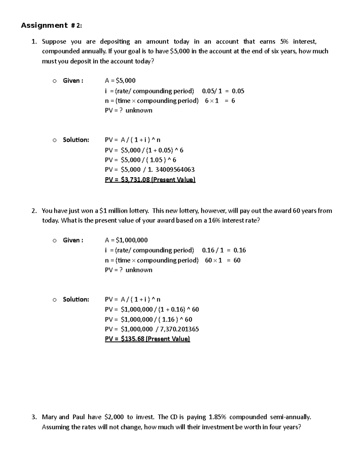 Assignment # 2 (Valuation Concepts and Methods) - Assignment # 2 ...