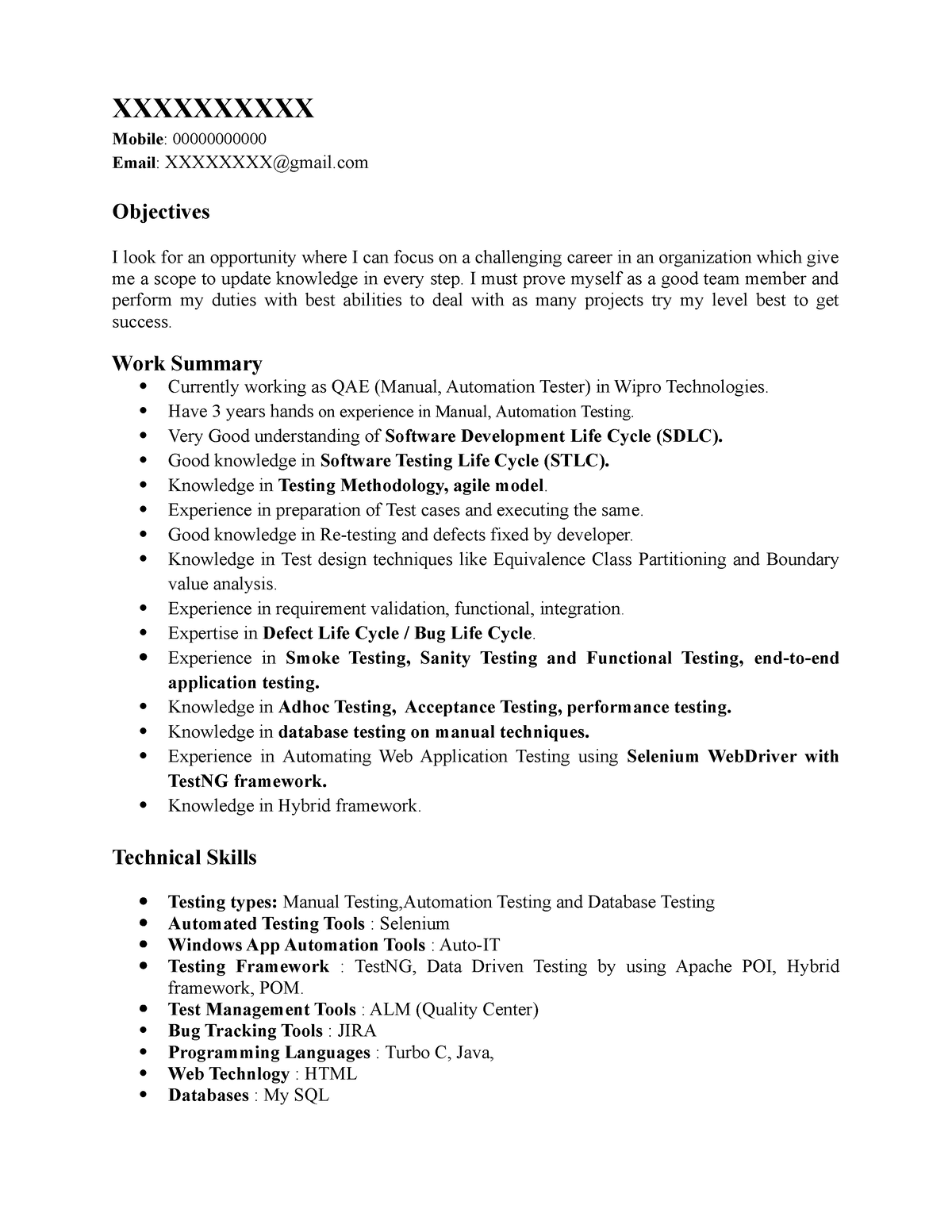 sample resume for 3 years experience in automation testing