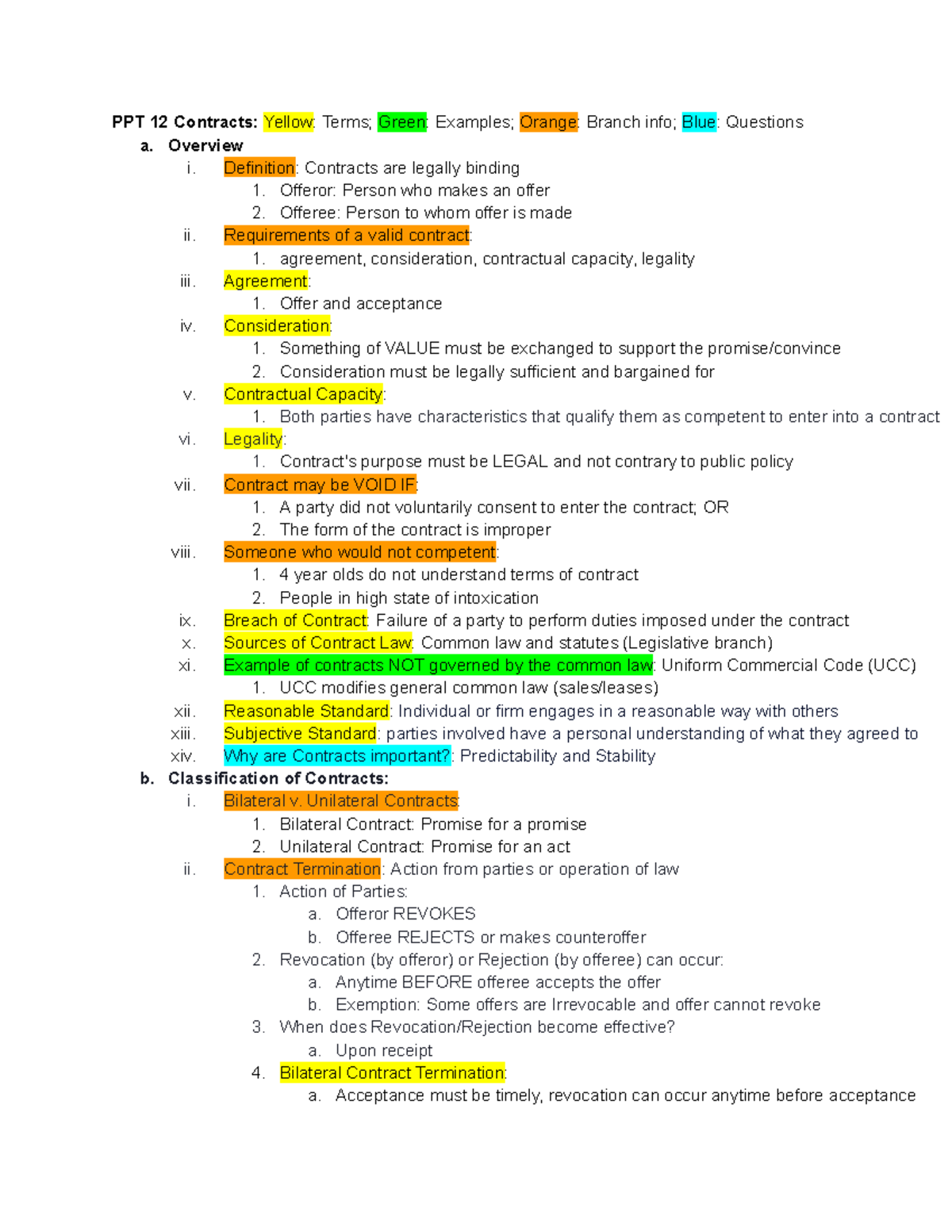 BLAW Class Notes Module 1 - PPT 12 Contracts: Yellow: Terms; Green ...