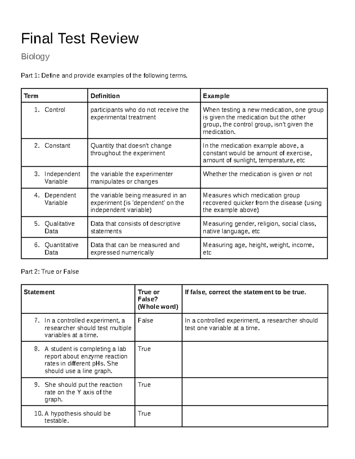 Biology 1 Honors Final Test Study Guide - Google Docs - Final Test ...