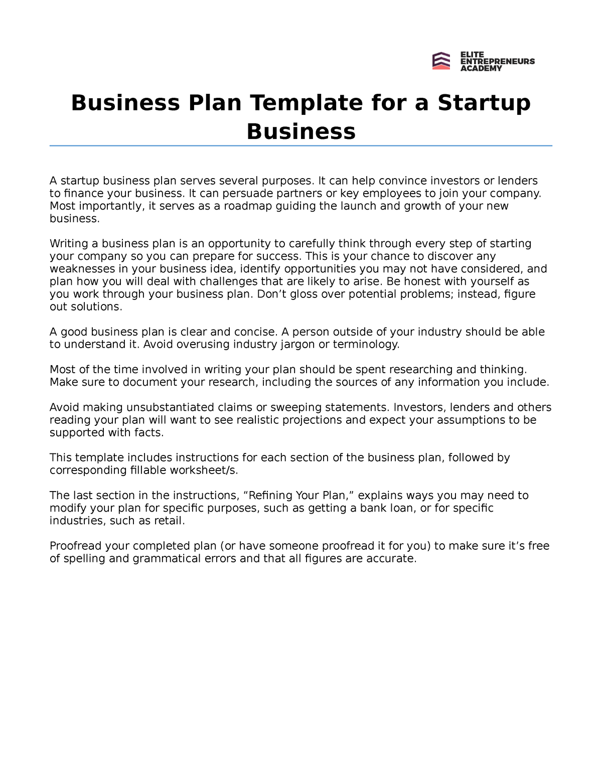 EEN Business Plan Template - Business Plan Template for a Startup ...