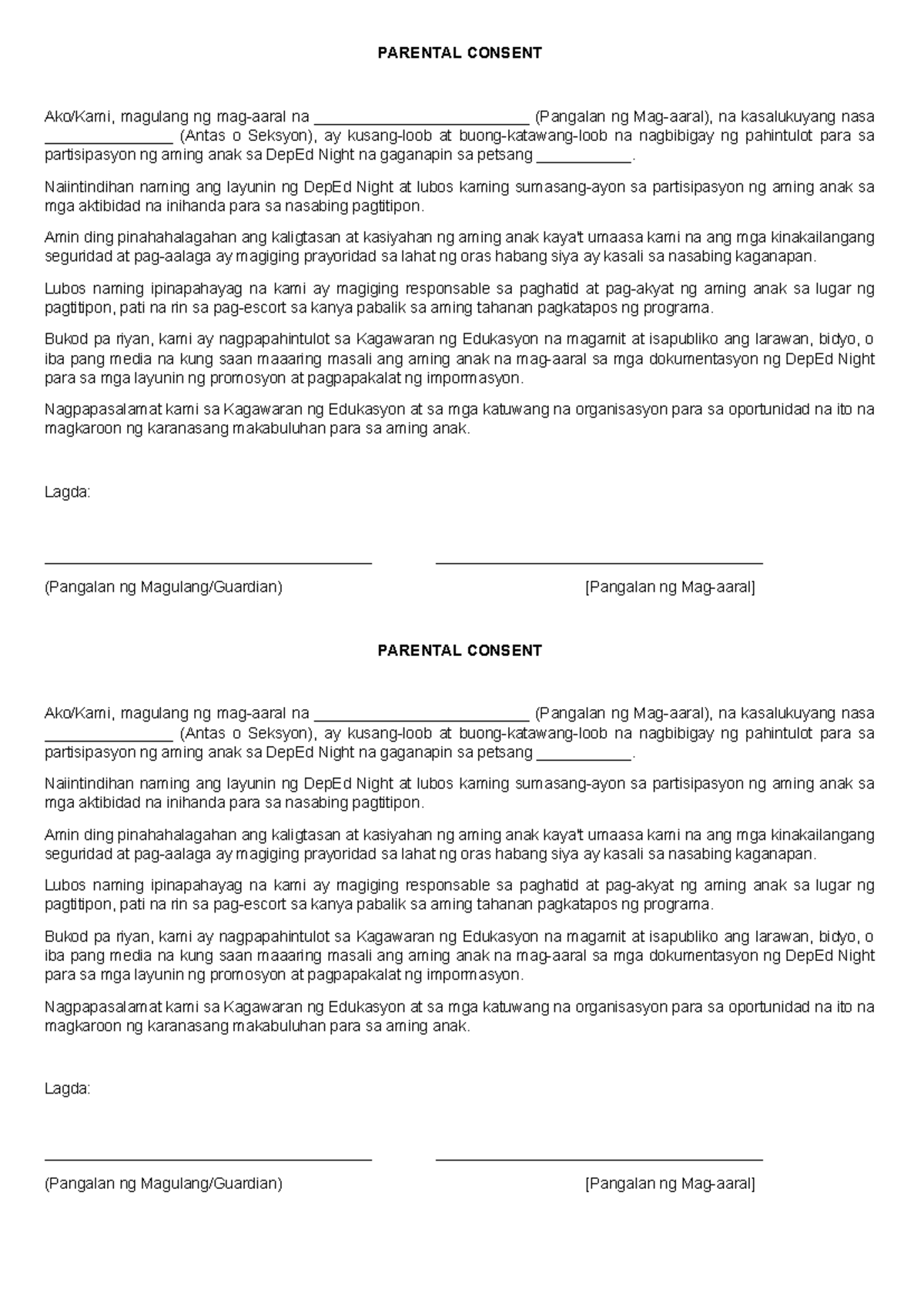 Parental- Consent - PARENTAL CONSENT Ako/Kami, magulang ng mag-aaral na
