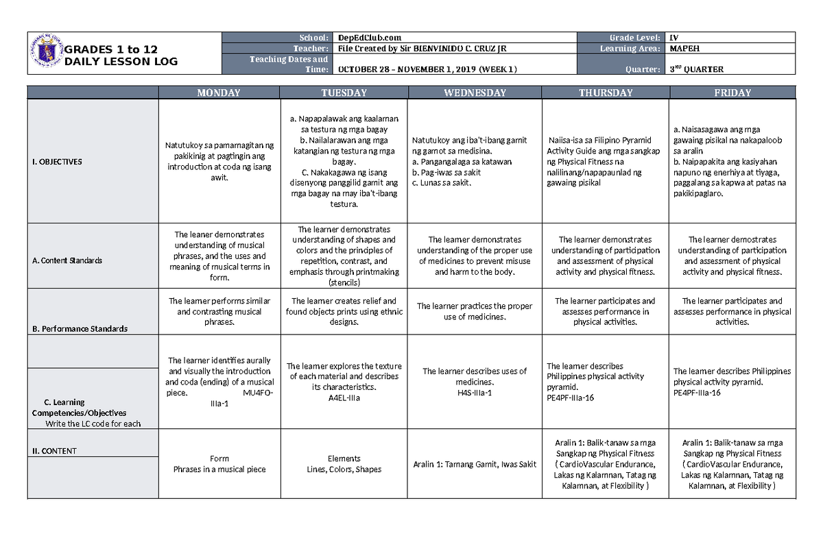 DLL Mapeh 4 Q3 W1 - N/A - GRADES 1 to 12 DAILY LESSON LOG School ...