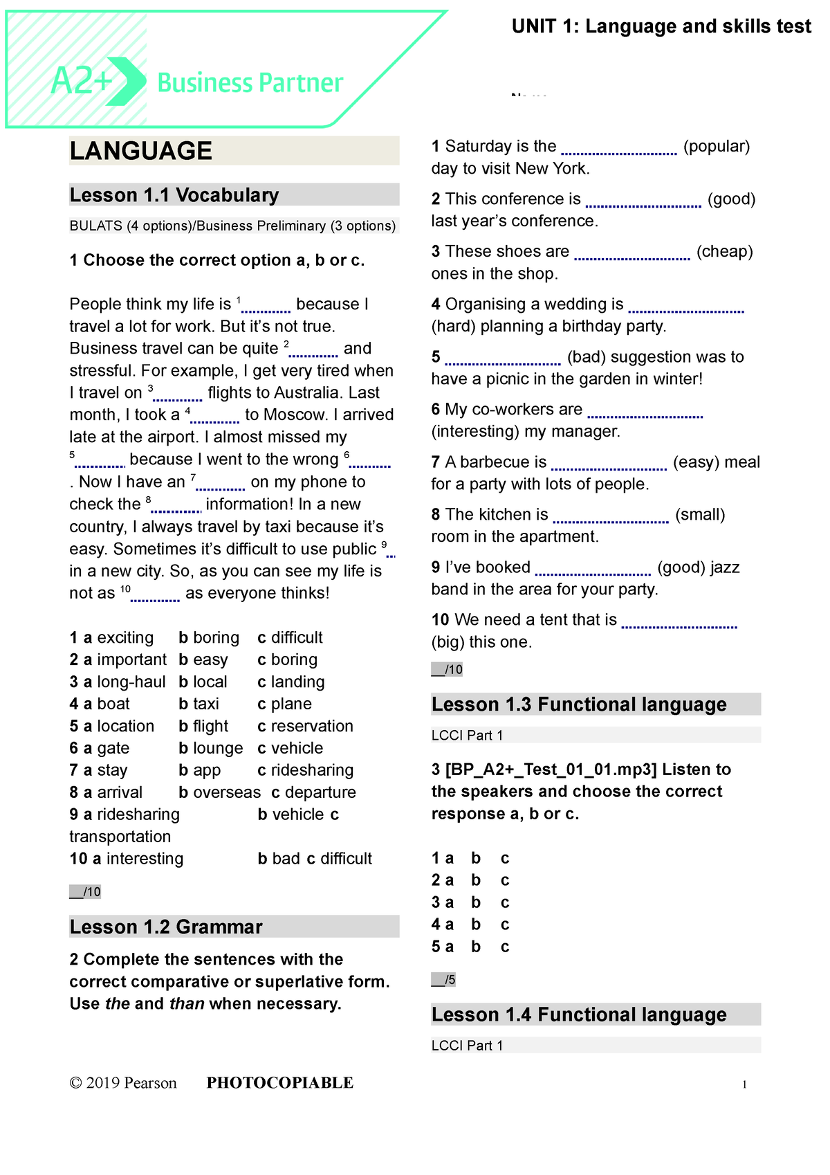 BP A2+ Tests Unit1 - Business Partner A2+ - LANGUAGE Lesson 1 ...