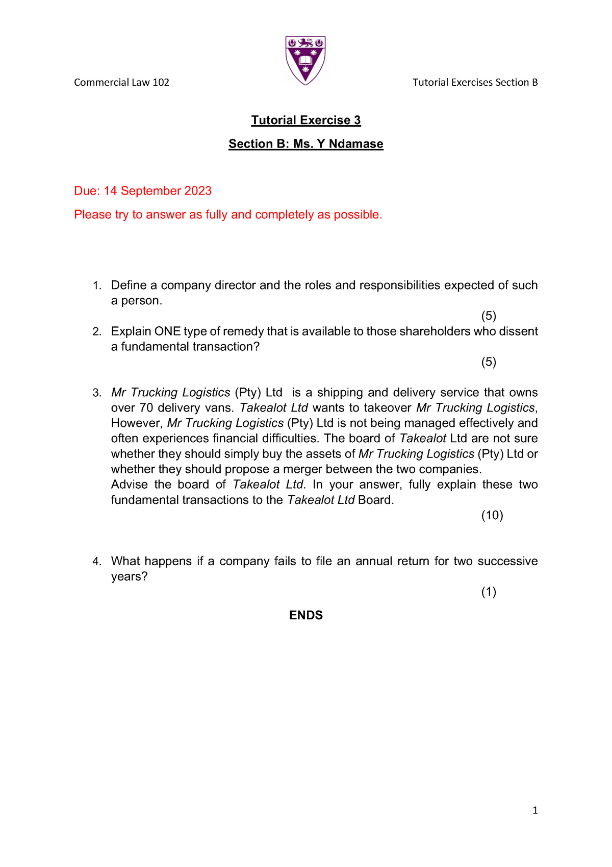 Updated 2023 Tutorial Exercise 3 For Section B - Commercial Law 102 ...