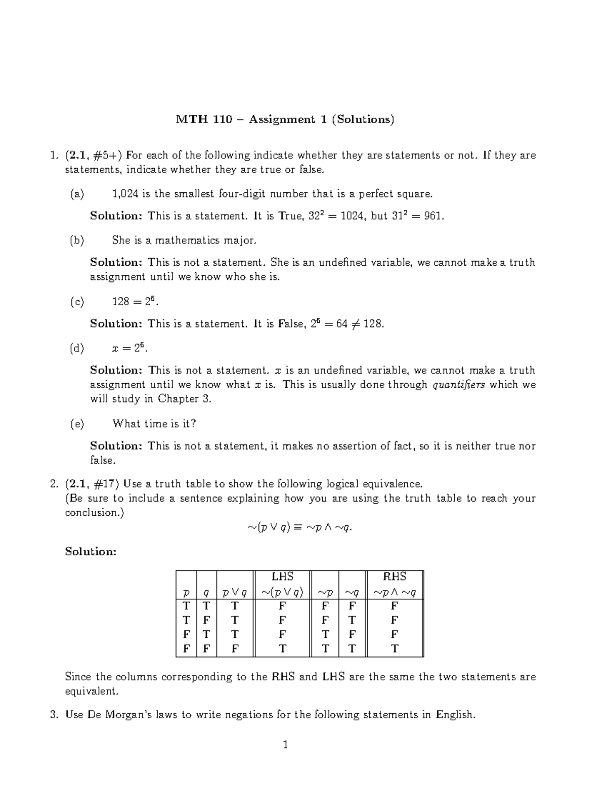 MTH110 - Assignment 01-Solutions - MTH 110 – Assignment 1 (Solutions ...
