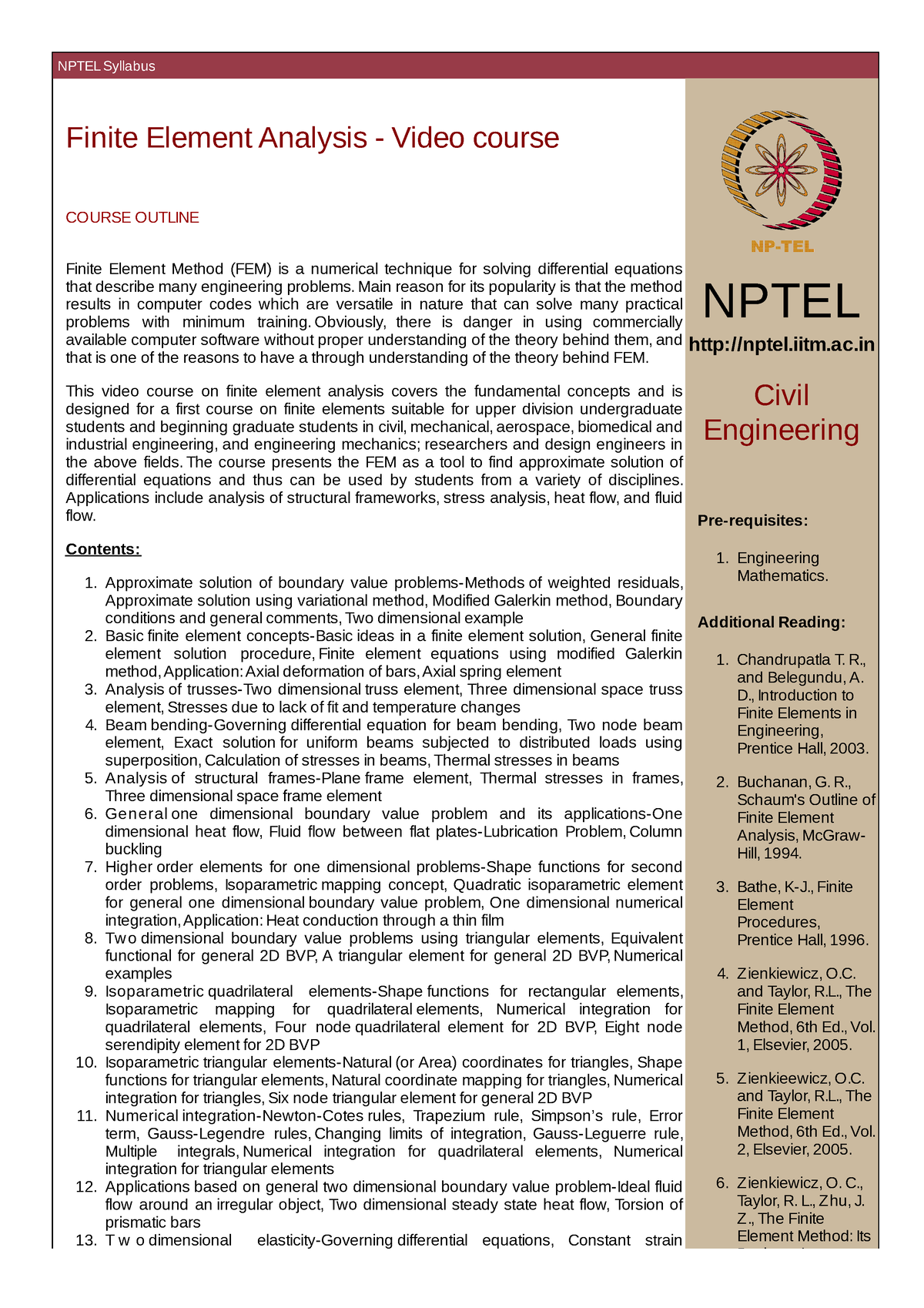 FEA Syllabus Nptel - NPTEL Syllabus Finite Element Analysis - Video ...