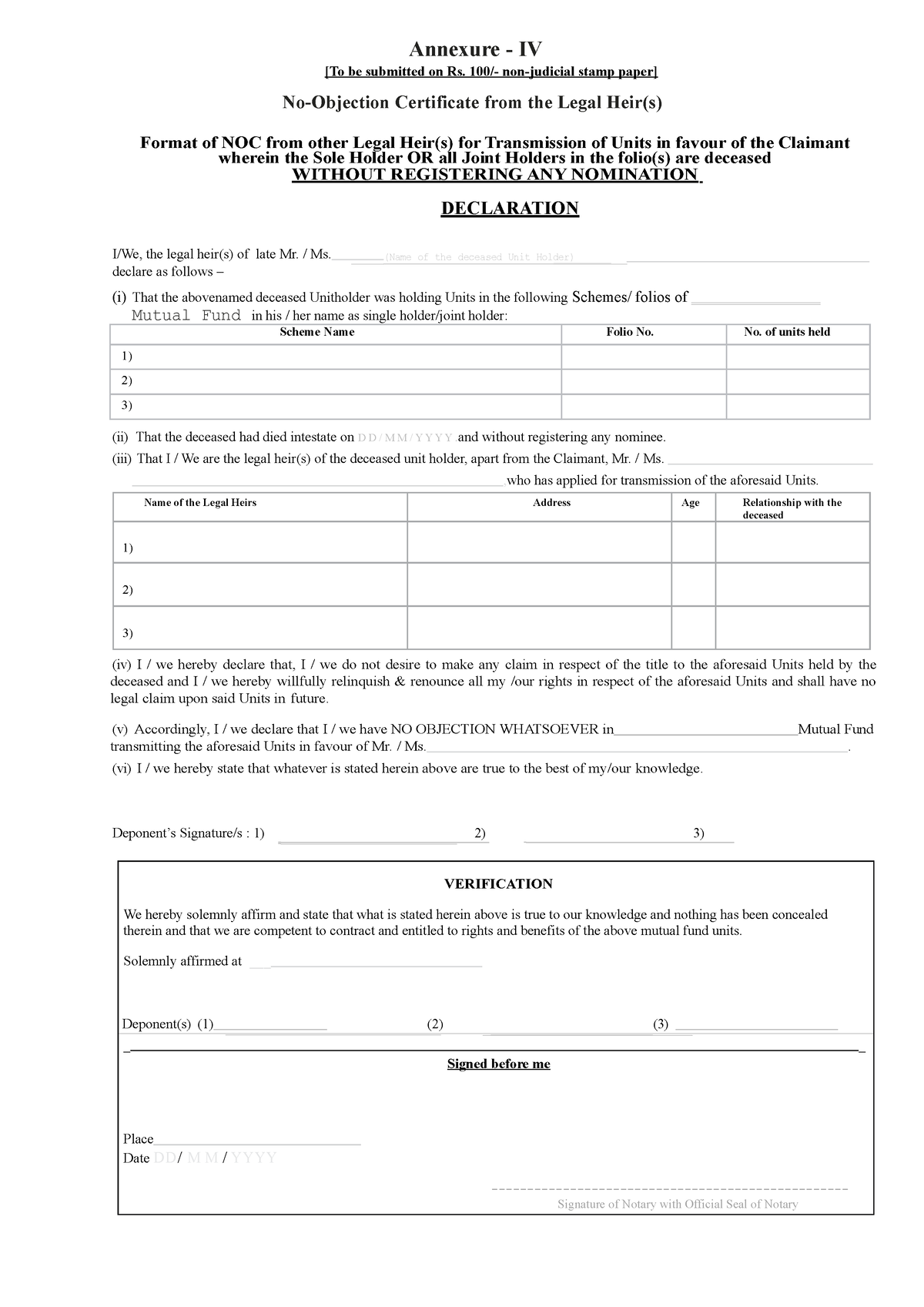 Annexure IV NOC from other legal heirs Annexure IV [To be submitted