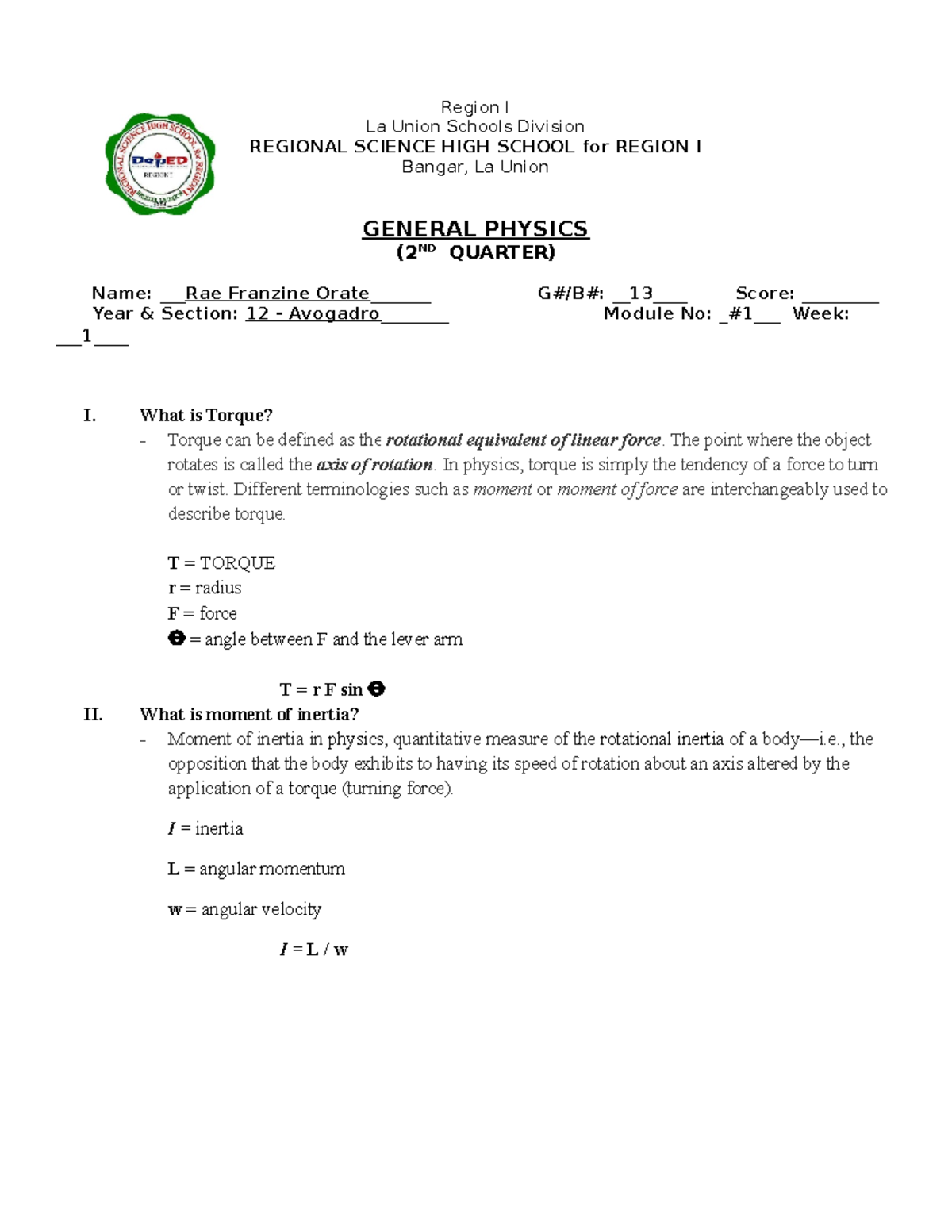 Activity 1 ( torque and moment of inertia) - Region I La Union Schools ...