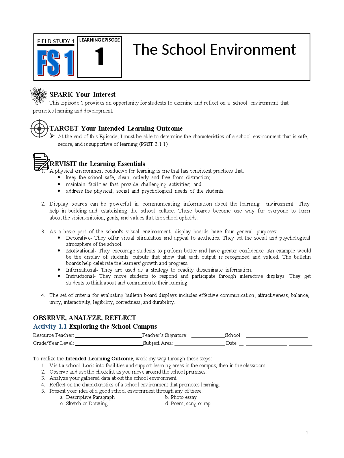 fs 1 field study 1 SPARK Your Interest This Episode 1 provides an