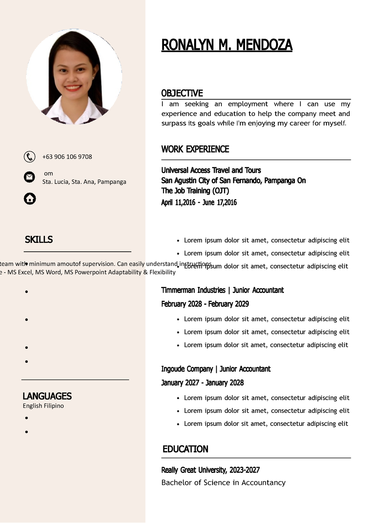 Neutral Minimalist Modern Professional Accountant Resume - +63 906 106 ...