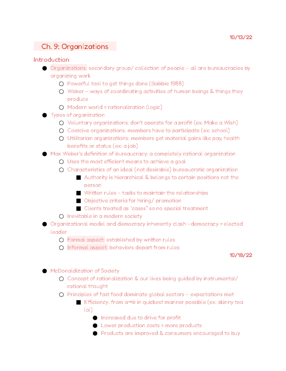 Intro To Sociology Chapter 9 - 10/13/ ..... 9: Organizations ...