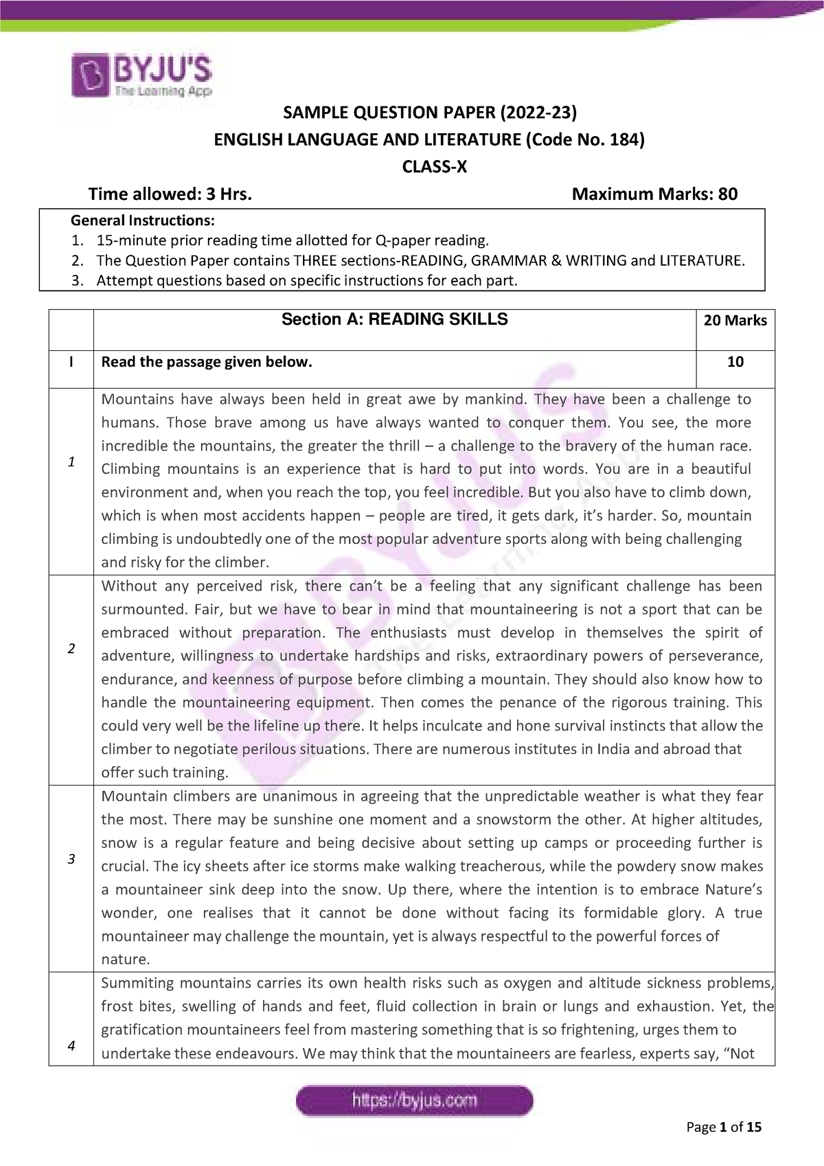 cbse-class-10-english-sample-paper-general-instructions-1-15-minute