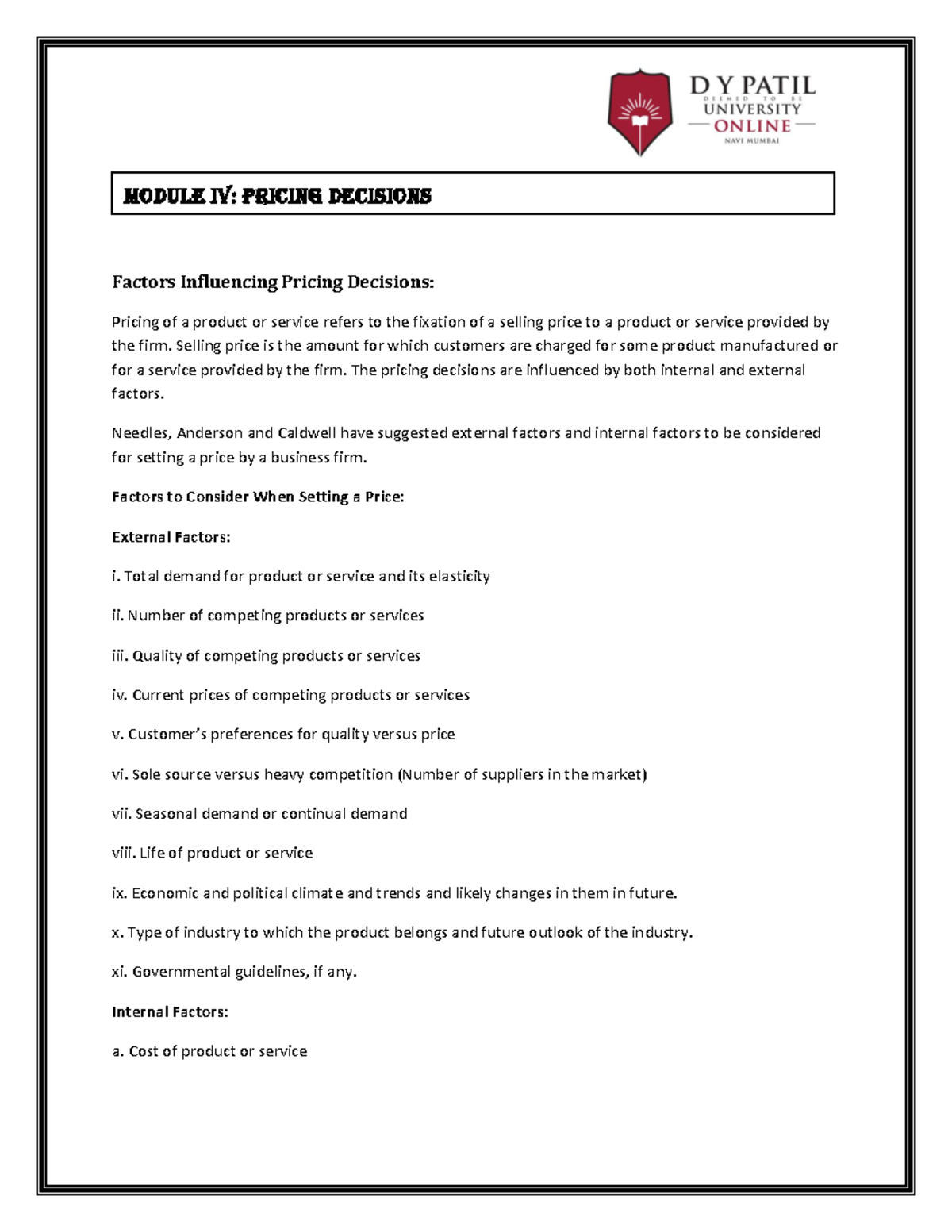 Module 4 RM Factors Influencing Pricing Decisions