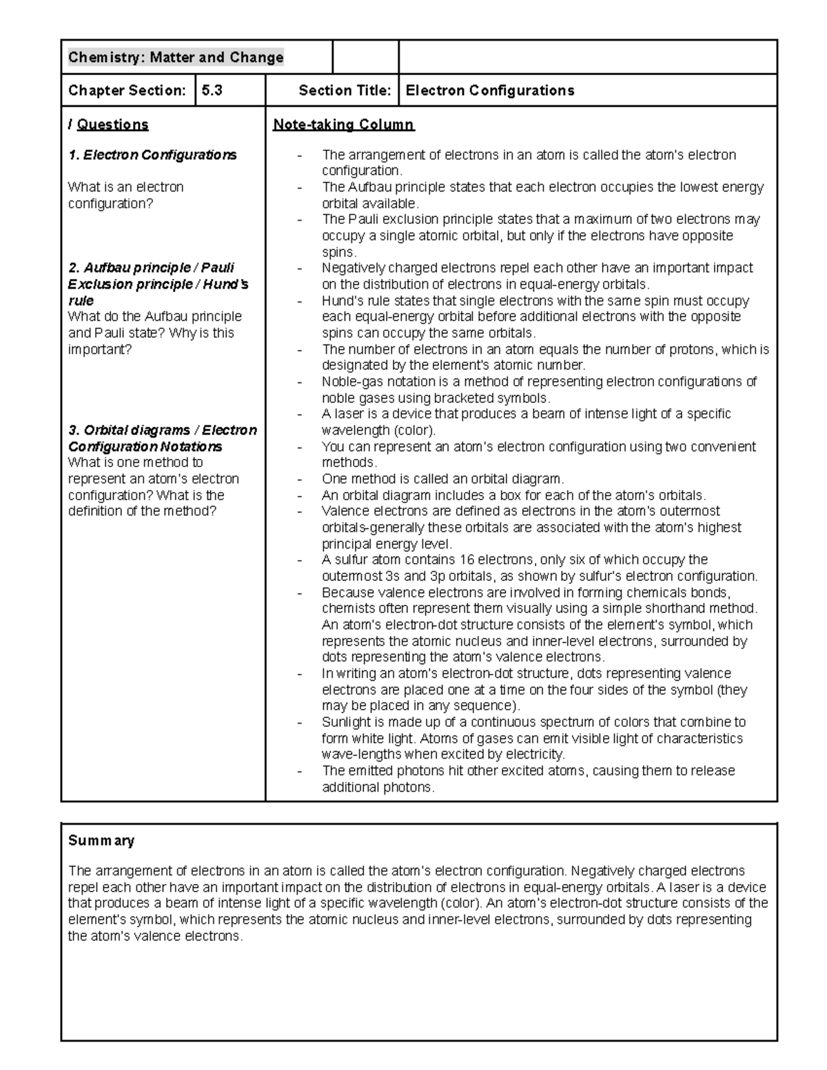 Electron Configurations notes - Chemistry: Matter and Change Chapter ...