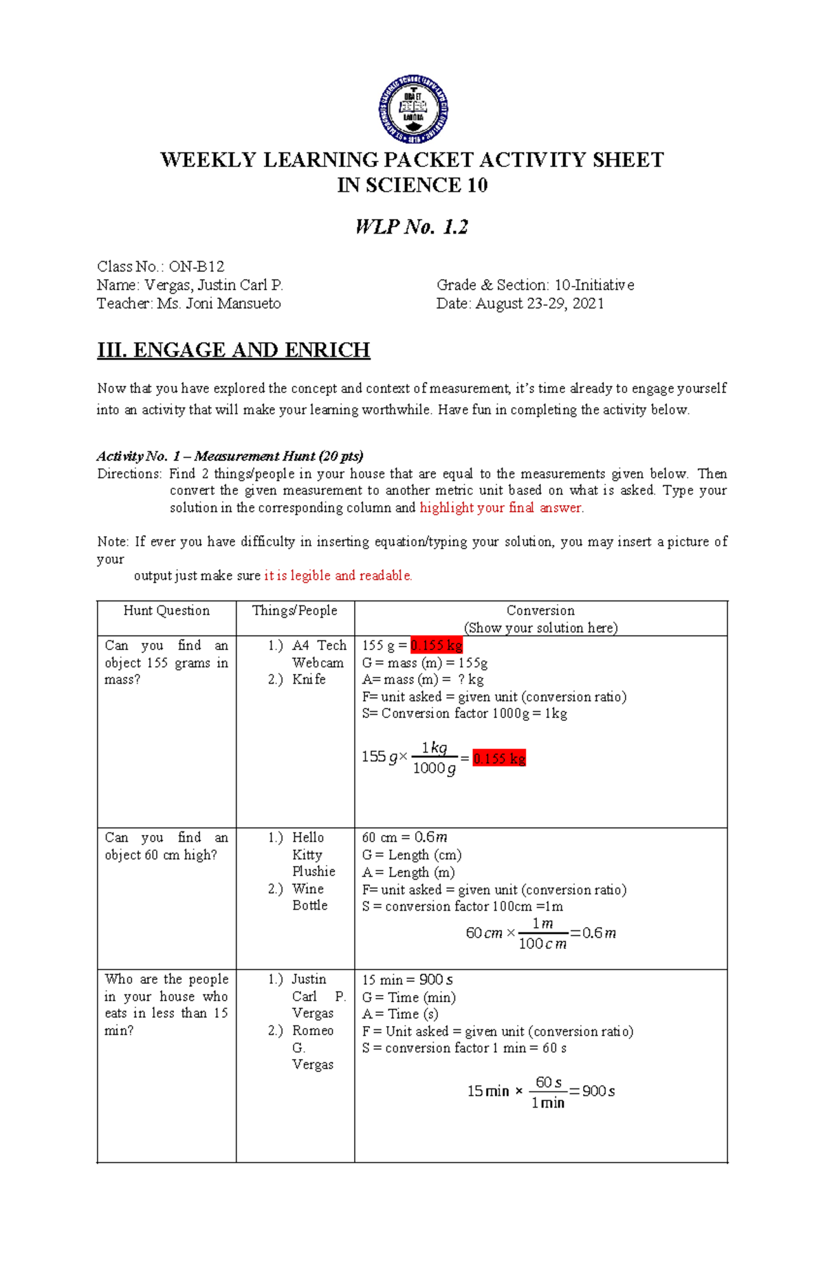 Engage and Enrich activity for WLP 1 - WEEKLY LEARNING PACKET ACTIVITY ...