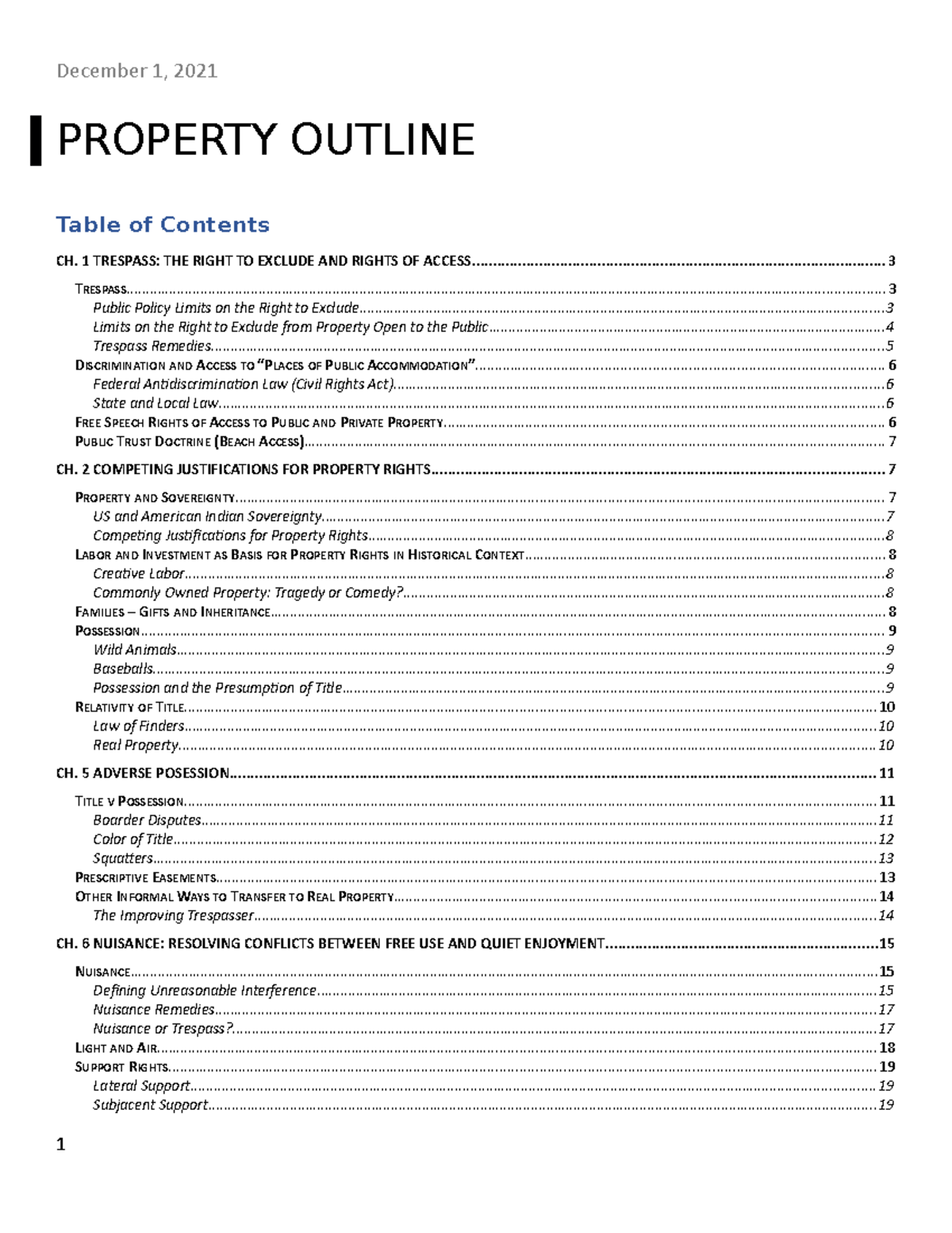 Property Outline v2 PROPERTY OUTLINE December 1, CH. 1 TRESPASS THE