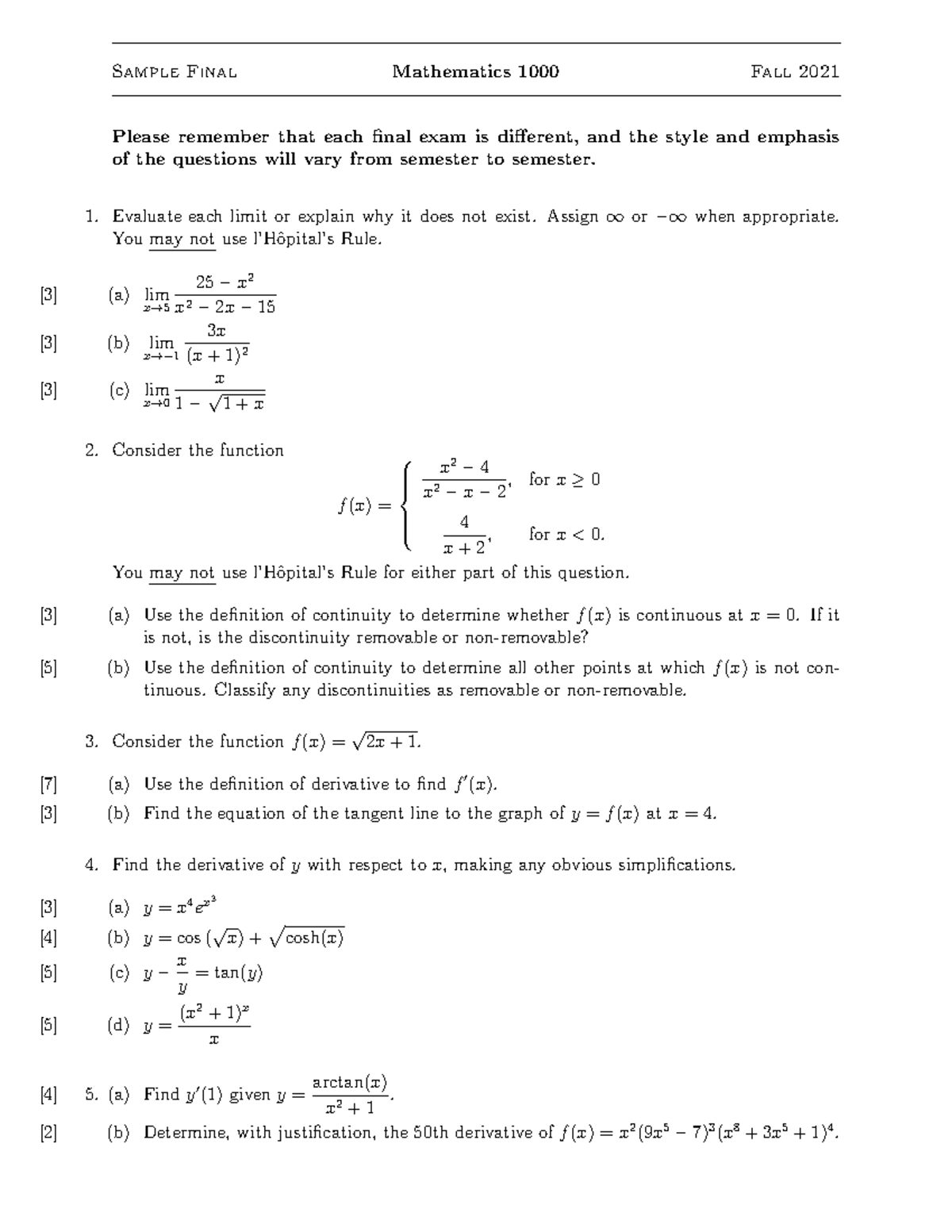 Sample-final - test - Sample Final Mathematics 1000 Fall 2021 Please ...