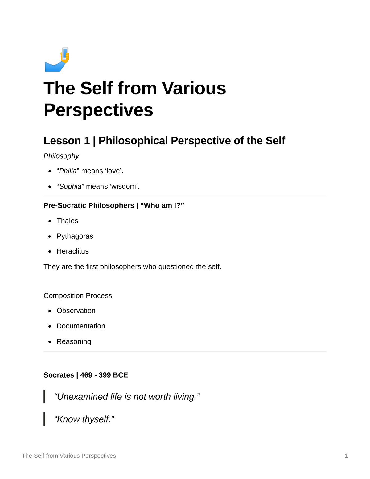 The Self From Various Perspectives - C The Self From Various Perspectives Lesson 1 ...