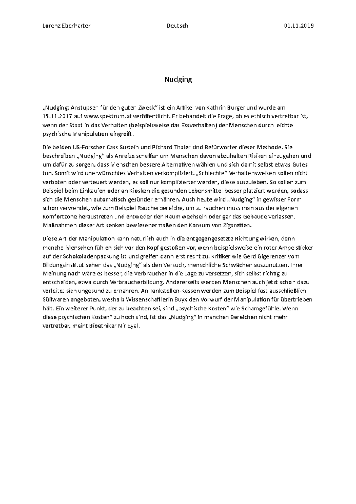 Wie Schreibt Man Eine Dialektische Erörterung Nudging deutsch Zusammenfassung - Lorenz Eberharter Deutsch 01. Nudging