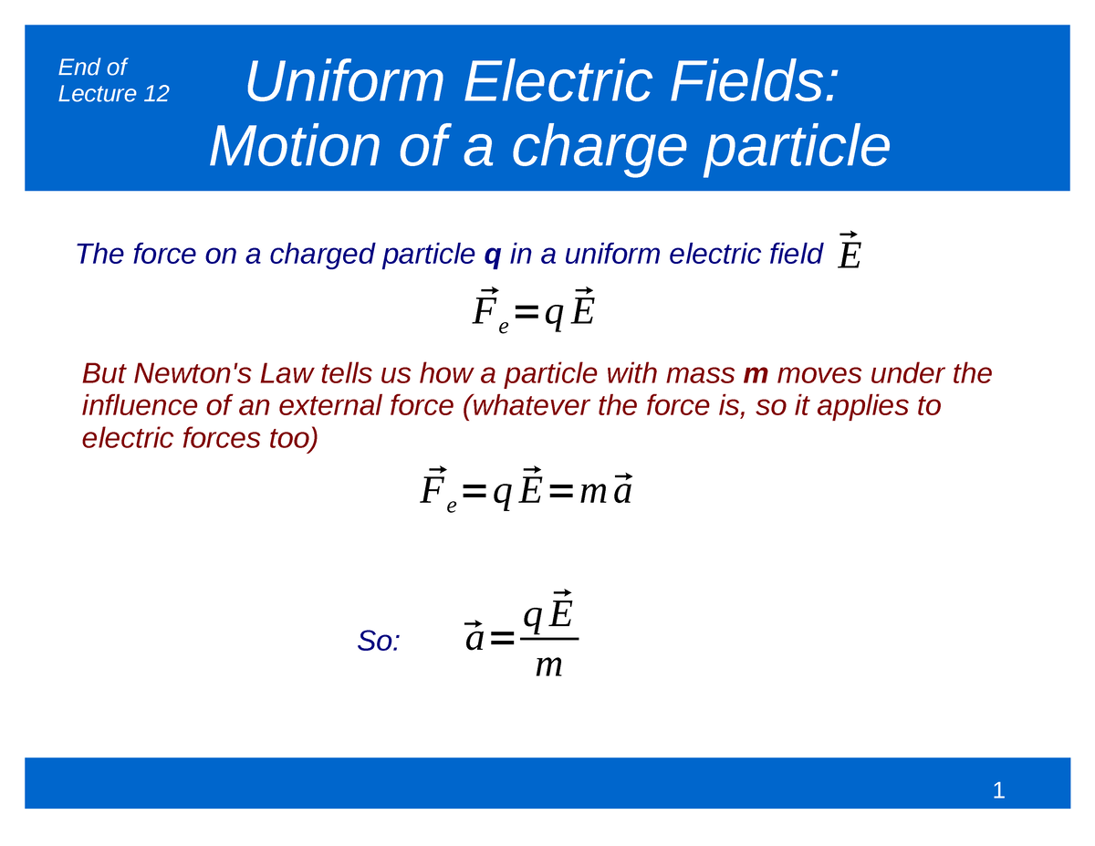 Electric Forces Electric Fields 4 Uniform Electric Fields Motion Of