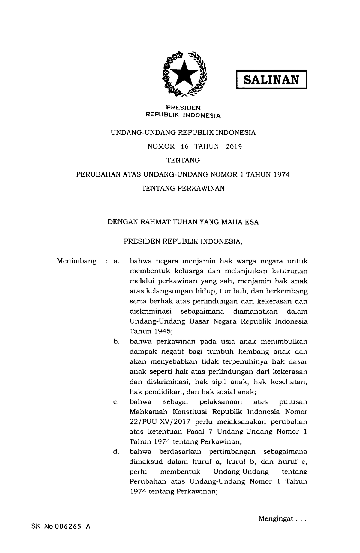 UU Nomor 16 Tahun 2019 - SALINAN PRESIDEN REPUBLTK INDONESIA UNDANG ...