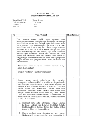 Tugas 1 - TUGAS TUTORIAL SESI 1 EKMA4316 / HUKUM BISNIS / 2 SKS PROGRAM ...