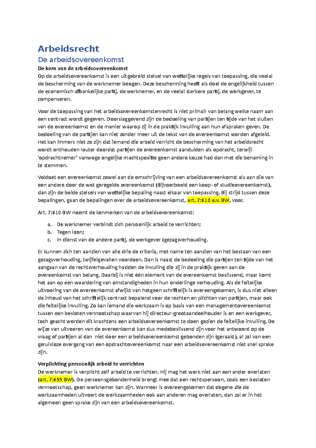 Arbeidsrecht - Deel Vd Leerdoelen - Arbeidsrecht De Arbeidsovereenkomst ...