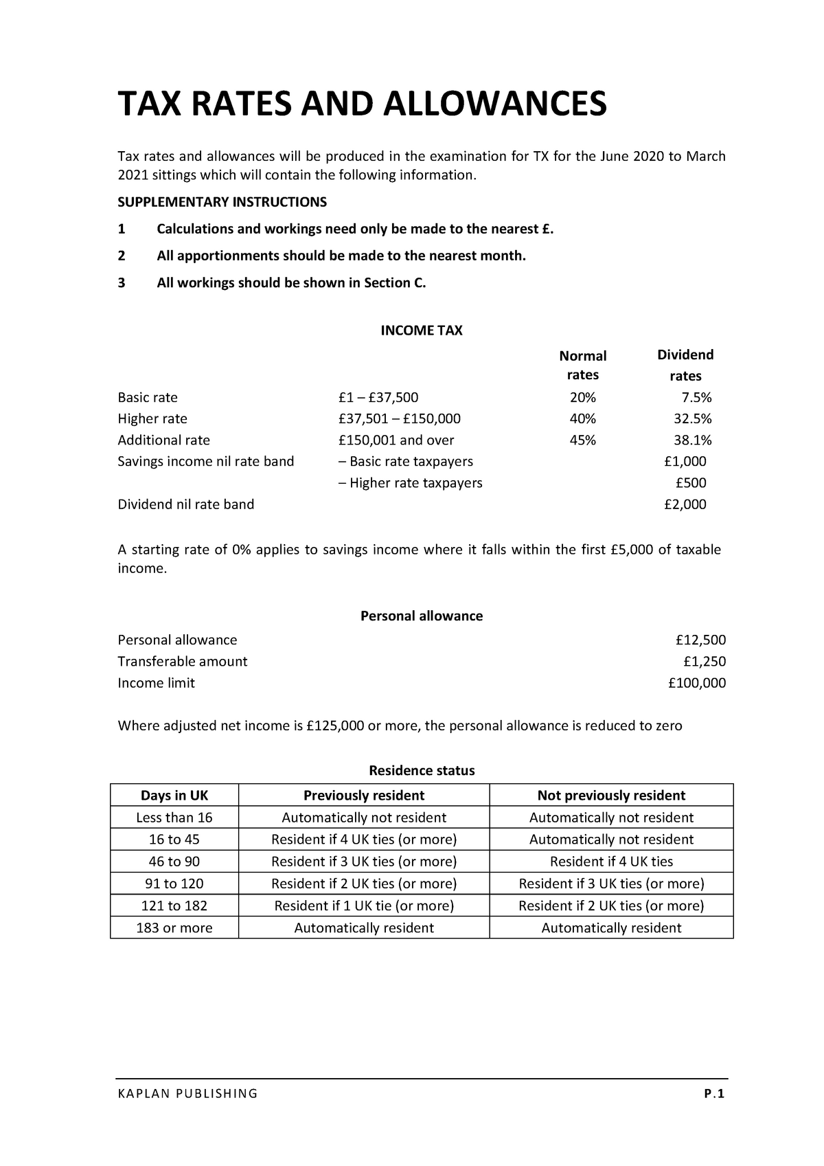 TAX Rates AND Allowances - KAPLAN PUBLISHING P. 1 TAX RATES AND ...