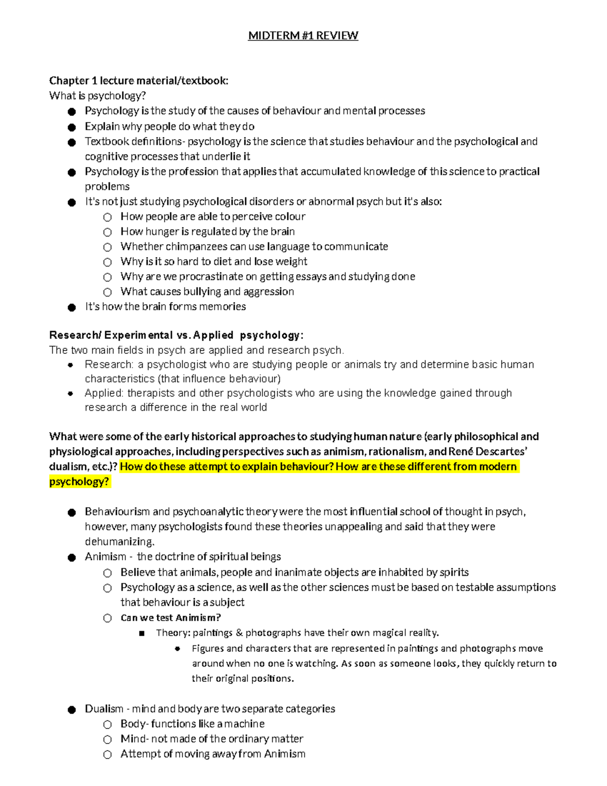 Midterm#1 Review - Psychology - MIDTERM #1 REVIEW Chapter 1 lecture ...