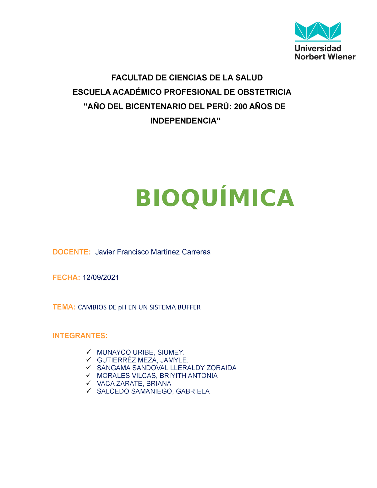 Informe 2 Bioquimica Grupo 2 BioquÍmica Docente Javier