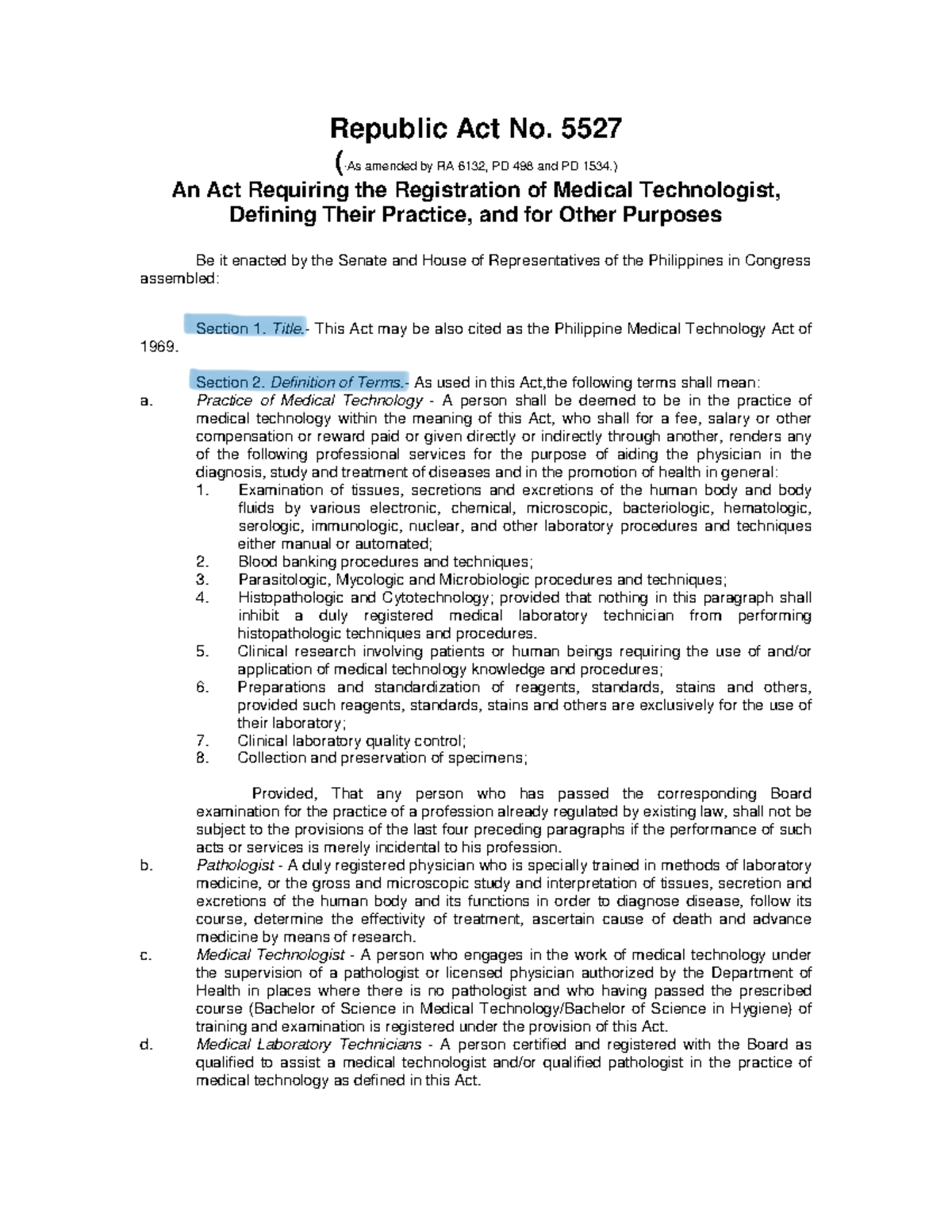 Medical Technology - Board Law 0 - Republic Act No. 5527 (*As amended ...