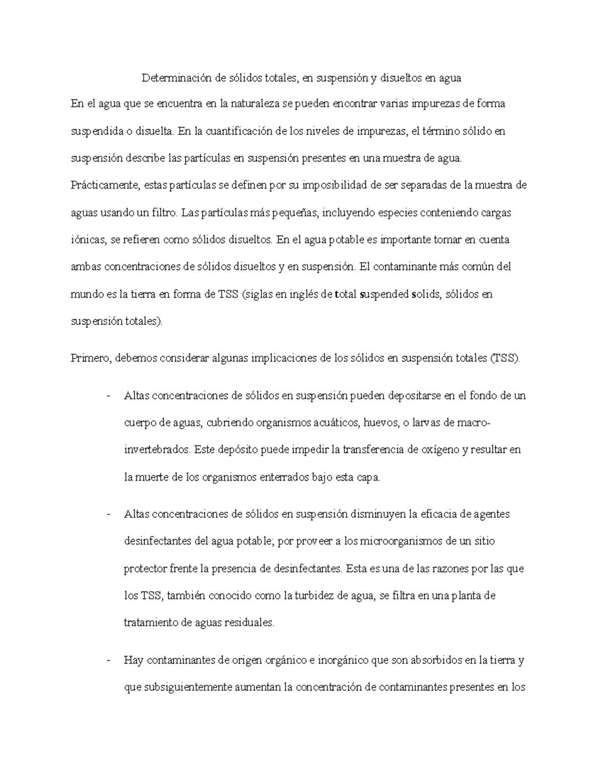 De Solidos Totales Cálculo de sólidos en suspensión Determinación