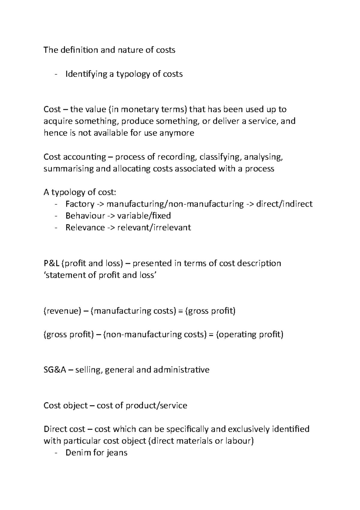 The definition and nature of costs The definition and nature of costs Identifying a typology
