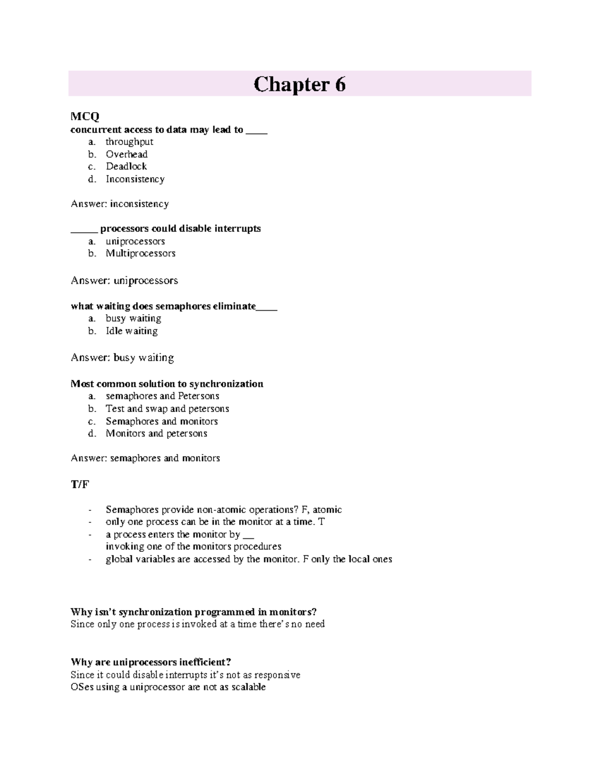 Ch6 Summary - Chapter 6 Mcq Concurrent Access To Data May Lead To 