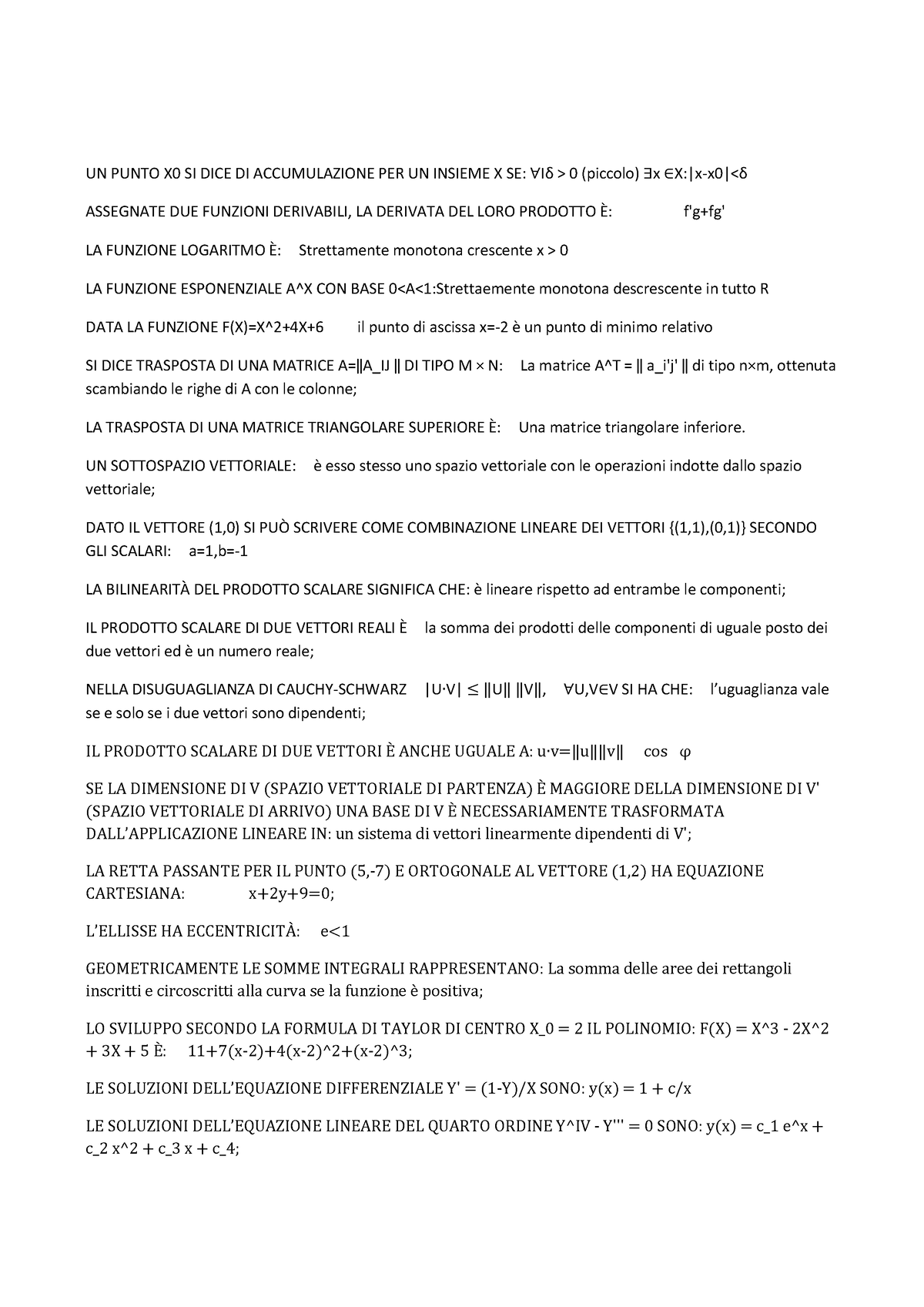 Domande Simulazione Test Analisi Matematica 2 Un Punto X0 Si Dice