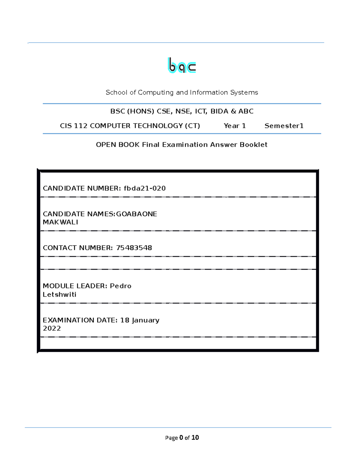 CT Final Exam Answer Booklet - School Of Computing And Information ...