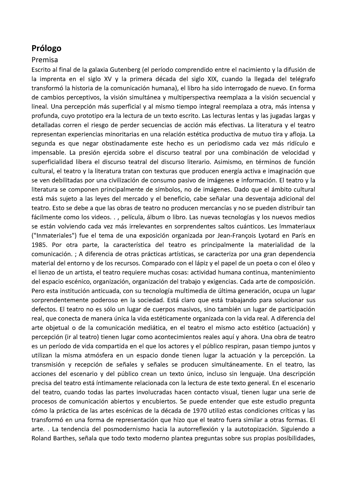 Lehmann Teatro Posdramatico - Prólogo Premisa Escrito al final de la ...